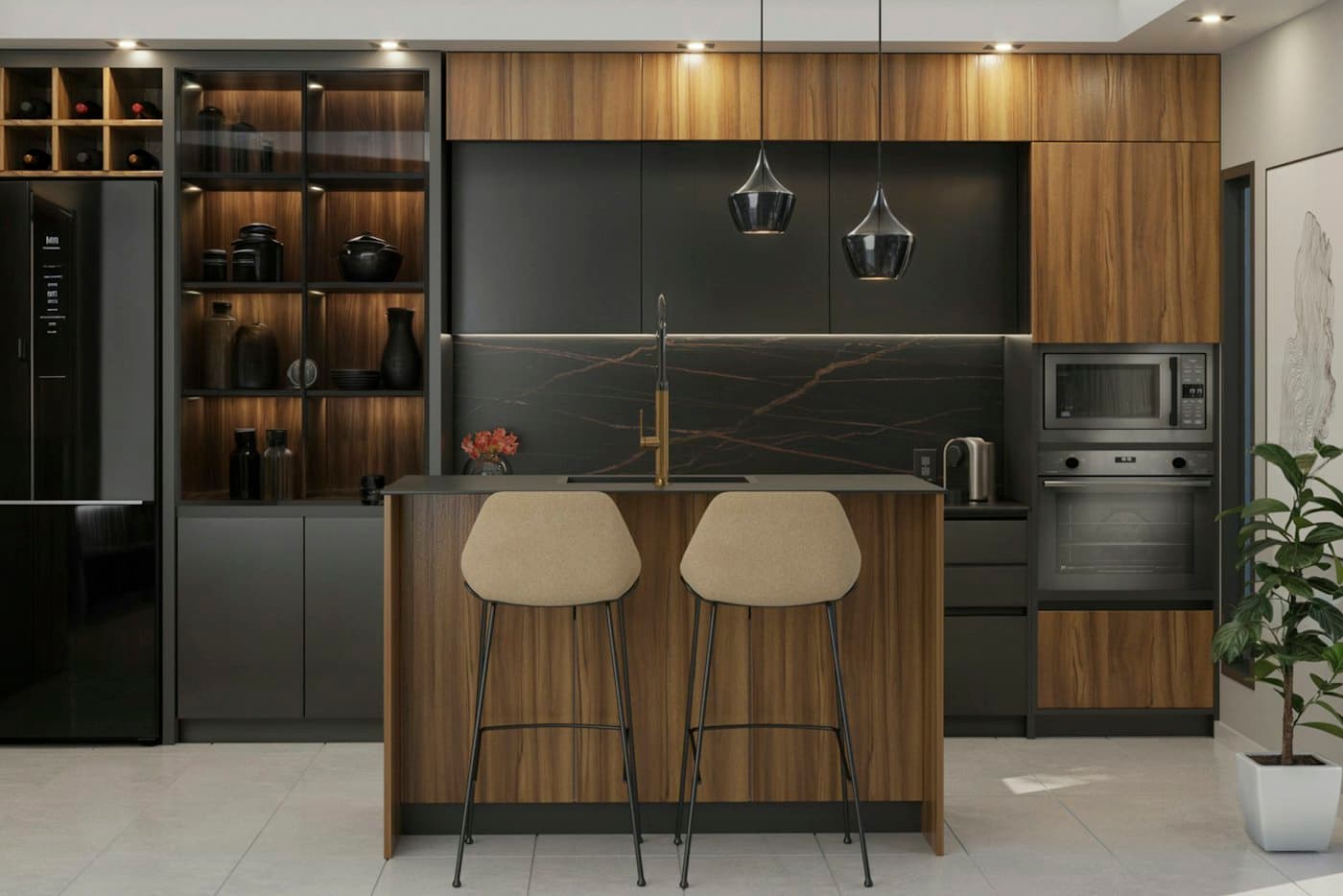 Kitchen in walnut and dark grey with an island, two stools and glass pendants