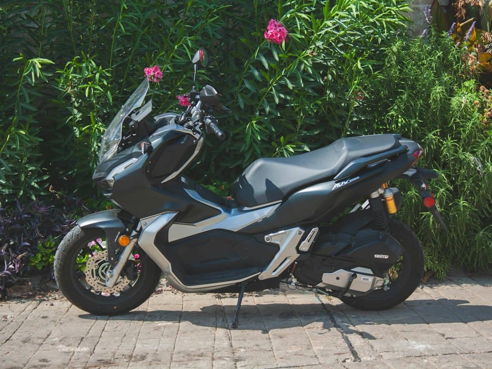 A grey Honda ADV 150 adventure scooter on its side stand on paving in front of flowering shrubs