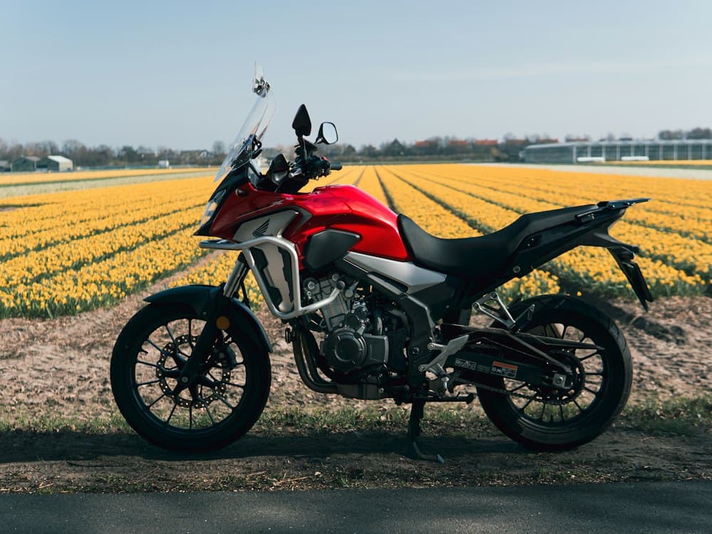 A red Honda CB500X adventure bike with a tall screen and crash bars, parked beside a field of yellow flowers