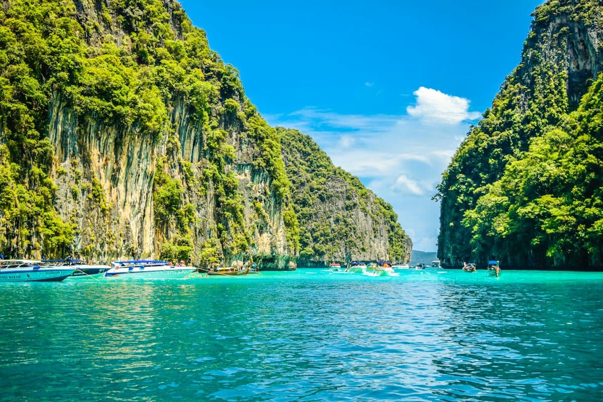 A turquoise lagoon between two sheer, jungle-covered limestone cliffs under a blue sky