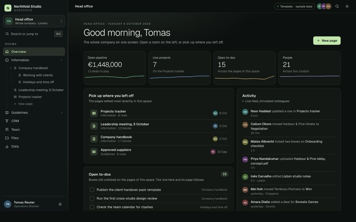 Company workspace, crm, docs and files app demo